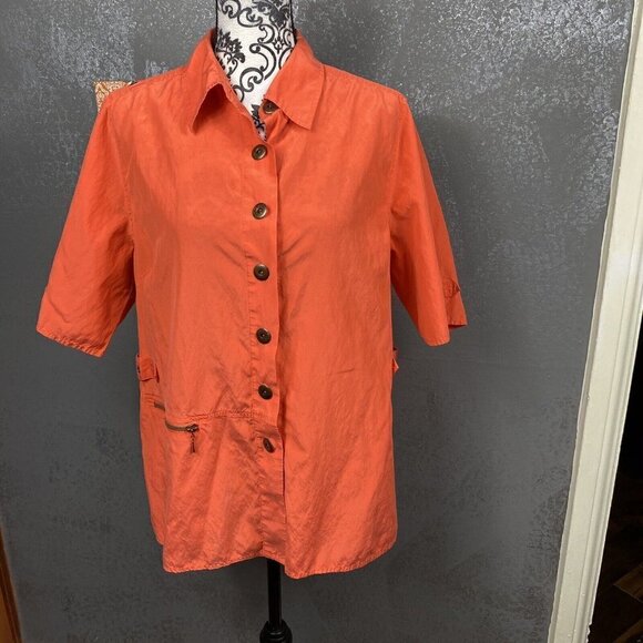Alain Weiz Vintage Salmon Safari Button Up S/S Silk Blend Shirt Pocket. Size 14 - Picture 1 of 12